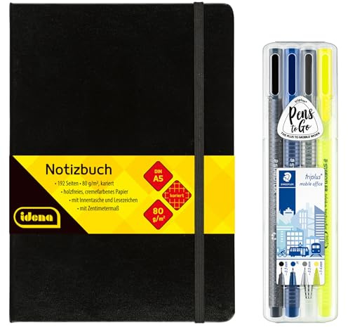 Idena 90327 - Notizbuch DIN A5 mit 192 Seiten, kariert, inkl. STAEDTLER Triplus Mobile Office Set mit Fineliner, Kugelschreiber, Druckbleistift und Textmarker