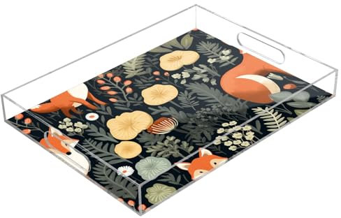 Forest Fox Plateau de service rectangulaire en acrylique transparent avec poignées pour table basse, cuisine, salle de bain