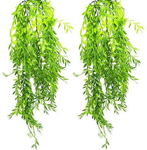 Paquete de 2 plantas colgantes artificiales, hiedra de helechos falsos de plástico, cesta colgante de vid falsa, planta sintética con hojas de sauce para interiores y exteriores, jardín, dormitorio
