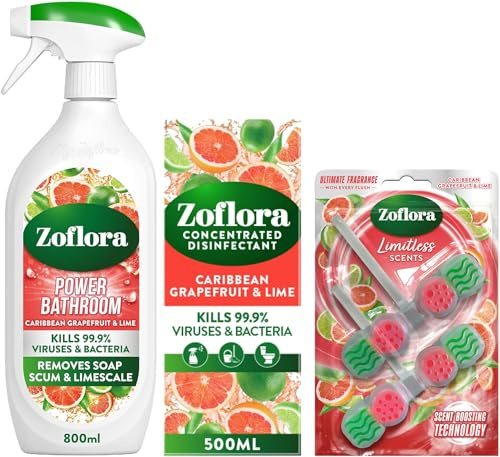 Zoflora Caribbean Grapefruit & Lime Bundle - Power Bathroom Cleaner, 1 x 800ml, Concentrated Multipurpose Disinfectant Liquid 1x500ml & Rim Blocks, 2 x 131g Pack
