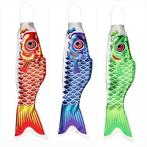 Japanischer Karpfen 3 Stück Set Fisch Windspiel 100 cm Nylon hängender Windsack Windspiel Deko Garten Fische maritim