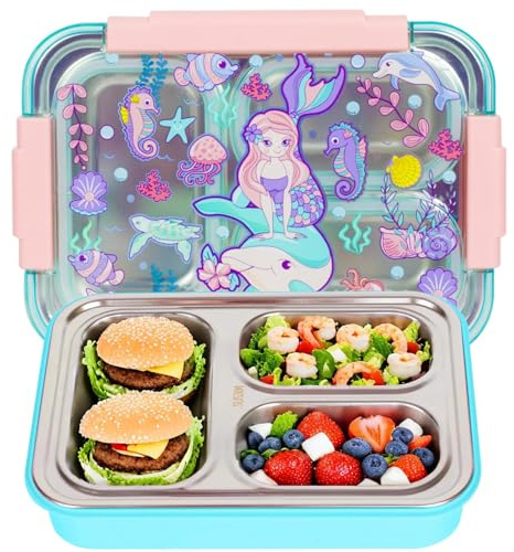 PinkSheep Contenitore per il pranzo Bento in acciaio inox per bambini, 710 ml, senza BPA, a prova di perdite, con 3 scomparti, per il rientro a scuola, per studenti, asilo nido, contenitore per snack