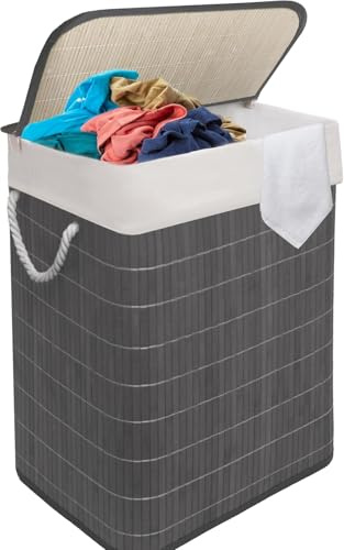 VIVAAS Bamboo Laundry Basket 105L 2 Divider Laundry Hamper with Lid Foldable Laundry Bin with 2 Compartments for Light and Dark Clothes Removable & Washable Liner Bag For Bedroom & Bathroom (Grey)