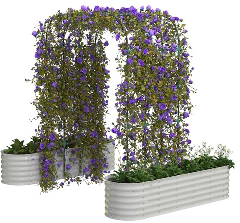 Raised Planter Bed, Galvanized Raised Garden Bed with 95 Arch Trellis for Climbing Plants, Outdoor Planter Box with Climbing Netting for Vegetables & Flowers, Beige Garden Organizer