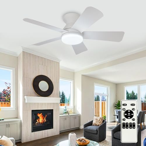 Depuley Ventilador de techo moderno con luz: Ventiladores pequeños blancos de 35 pulgadas para dormitorio - Ventiladores de techo empotrable regulables con mando a distancia 5 aspas blancas invertidas