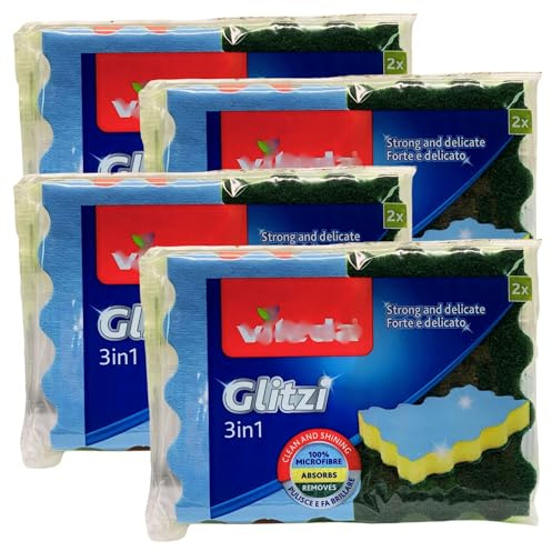 Spugna Abrasiva Glitzi 3In1, 100% Microfibra Per Rimuovere Lo Sporco Grasso e Per Una Brillantezza, Senza Aloni (4 Confezioni)