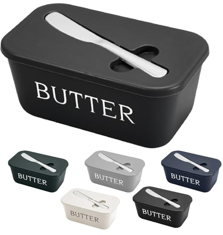 Butter Dish with Lid, Large Butter Container Keeper Storage with Stainless Steel Butter Knife Spreader, Light PP Butter Holder Tray, for Countertop Kitchen Accessories (Black, 1000ml)