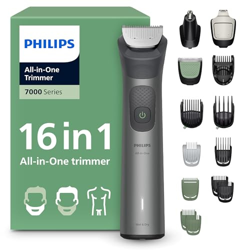 PHILIPS Multigroom Series 7000 All-in-One 16-teiliger Barttrimmer und Haarschneider für Gesicht, Kopf und Körper, selbstschärfende Metallklingen, 21 Längeneinstellungen (0,5-16 mm), Modell MG7931/15
