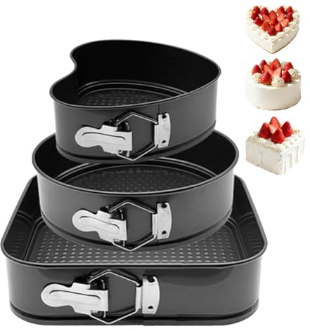 EUBSWA Lot de 3 moules à charnière en forme de cœur 20/rond 22/carré 24 cm – Moule à gâteau avec revêtement antiadhésif pour moule à gâteau, moule à gâteau