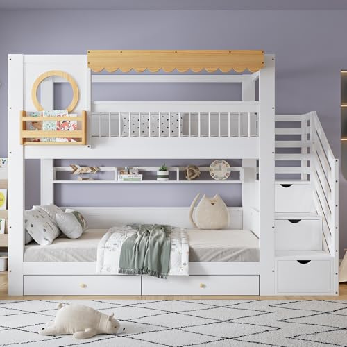 Lettino a castello, 2 cassetti con ruote, con armadio per scale, con ripiani lunghi 2 metri, ripiano laterale, in pino + MDF, bianco e naturale, 90 x 200 cm