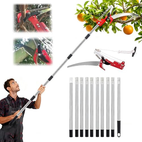 Coupe Branche Telescopique,Scie d'Élagage Manuelle,Secateur Telescopique Réglable En Hauteur Sur 5 m,Avec 10 Poteaux Alliage Aluminium Pour Élagage Coupe Branches Hautes Palmiers Arbustes(Bleu)