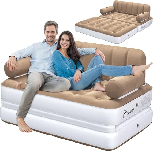 YITAHOME Queen Size Inflatable Sofa Bed with Headboard and Pump, Convertible Blow Up Couch, 2-in-1 Black Air Sofa Bed for Home, Camping, and Guests, Brown