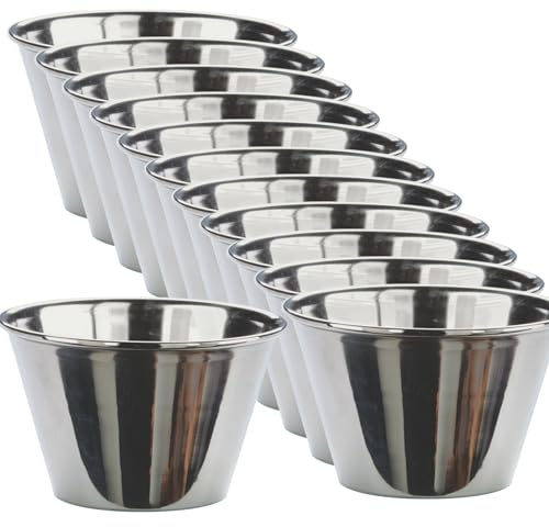 Set 12 - Ø 10 cm Flanformen – Einzelne Puddingform – Muffinformen – Flan-Förmchen aus Edelstahl – 7 cm Durchmesser - Edelstahl Saucenschälchen - Saucenbecher - Mini Schüsseln für Saucen