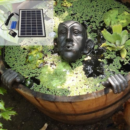 Storm's Gartenzaubereien Wasserspeier Gargoyle für Miniteich - 3-teiliges Set aus Gusseisen mit Akku-Solarpumpe - Teichfigur für Weinfass und Gartenfass - Inklusive 6,5 Watt Solarpanel und Zubehör