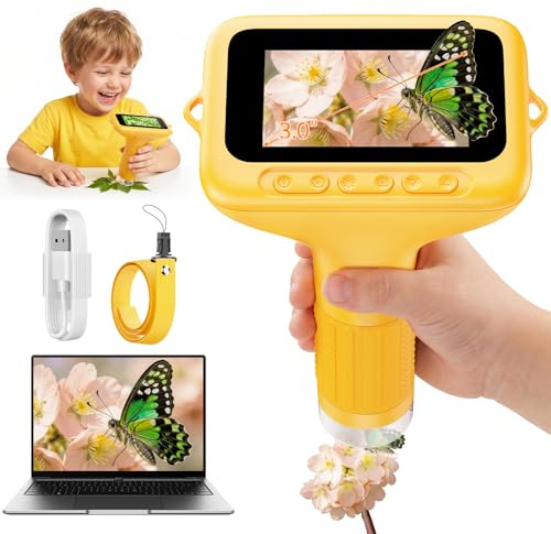 ASPOVEN Microscopio Digitale per Bambini 1000X, Microscopio Portatile Bambini con Schermo HD da 3,0 Pollici, Funzione Fotografica e Compatibilità PC per Giardini, Boschi e Attività all'Aperto (Giallo)