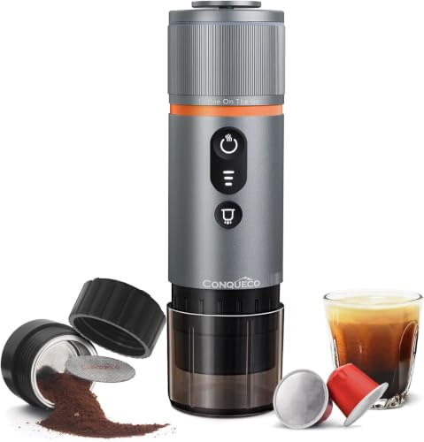 CONQUECO Macchina da Caffè Espresso Portatile - Caffettiera Elettrica da Viaggio con Batteria - per 12V Auto e Camion e Campeggio - Compatibile con la Capsula Nespresso e la Capsula L'or
