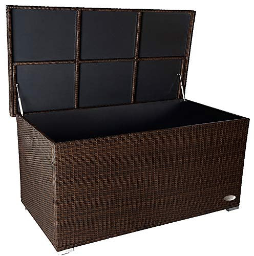 RS Trade® exclusive 'Venezia' 950 L Polyrattan Garten Kissenbox aufbewahrungsbox wetterfest und wasserdicht 146 x 83 x 80 cm, Box mit verstärktem Deckel und Gasdruckfedern, Java Braun