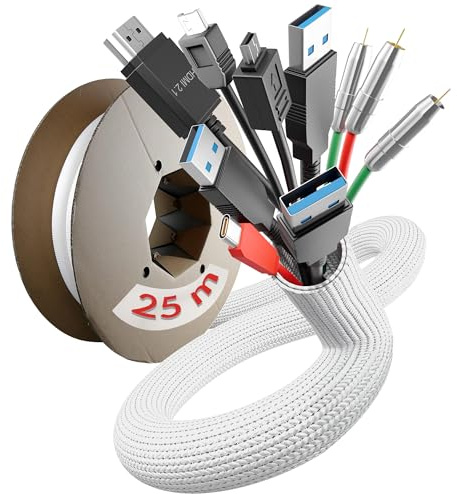 LABEL THE CABLE Cable Tube Kabelschlauch, zuschneidbar, 25m x 25mm, Weiß | selbstschließend, Kabelkanal flexibel, Kabelschutz, feuerbeständig, -50°C bis 150°C, PC, TV