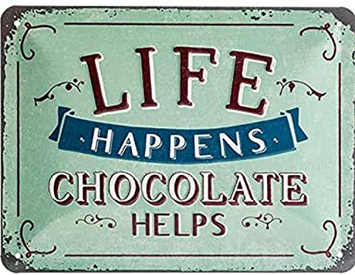 Nostalgic-Art 26191 Retro Blechschild Life Happens – Chocolate Helps – Geschenk-Idee für Nostalgie-Fans, aus Metall, Vintage-Design mit Spruch, 15 x 20 cm