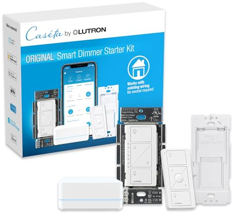 Lutron Caseta Original Smart Dimmer Switch Kit w/ Hub, Pico Remote & Wallmount Bracket, and Smart Dimmer Switch, No Neutral Required, Works with Alexa, Apple Home, Ring, & Google Home, P-BDG-PKG1W-A