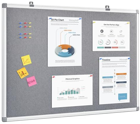 MAKELLO Felt Notice Board 90x60cm, Large Pin Board, Aluminum Frame, Grey | Pinnable, Felt Board, Wall Mount, Free Hanging, Easy to Install, Large Bulletin Board for Office, School, Home, Wall, Bedroom