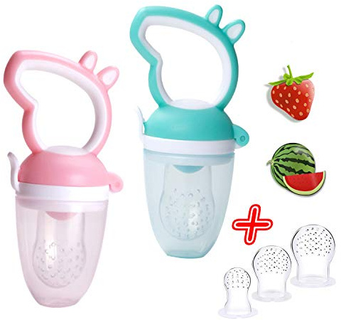 2x Premium Fruchtsauger für Baby + 3 Silikon Sauger in 3 Größen - BPA-frei - Kleinkind Säugling 2 Stück Schnuller Beißring für Obst Gemüse Eis Muttermilch Beikost Brei Schätzchen 5 Teile SET (Rosa)
