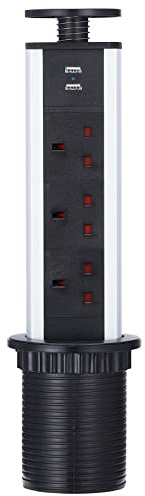 Kitchen Pull Pop Up Sockets for Worktop Desktop with 3 Power Sockets Plug 2 USB Ports - Black