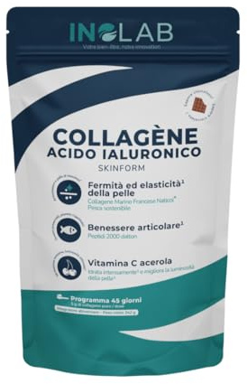 INOLAB Collagene Marin poudre Peptides & Acide Hyaluronique & Acérola Bio | Collagène marin Français Breveté 2000 Da | Arôme Naturel Chocolat Noisette | 45 Doses de 5,38 g/jour