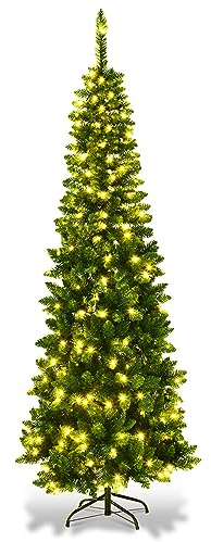 COSTWAY Albero di Natale 135/200/225 cm, Albero di Natale Slim con 150/250/350 Luci a LED Calde, 226/708/1085 Rami Folti e Base di Metallo, Ideale per Casa, Ufficio e Negozio (225 cm)