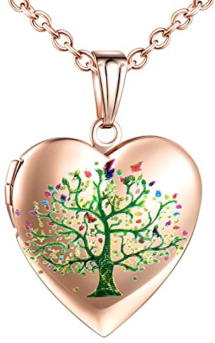 Yumilok Damen Kette Medaillon Kette Foto Lebensbaum Halskette Photo Medaillon Herzanhänger Amulett Anhänger Edelstahl Schmuck für Mädchen Mutter
