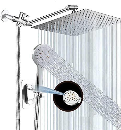 Square Rain Shower Head with Handheld Combo High Pressure 3+6 Mode Built-in Power Wash, 10 Inch Shower Head with 11'' Extension Arm Height/Angle Adjustable with Holder, 78 Hose, Chrome, AWAXFOLO