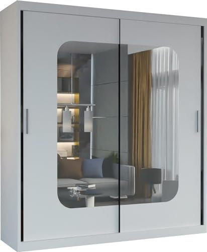 MN Furniture Modern Double Sliding Door Wardrobe 2 Mirrored Hanging Rails & Shelves Storage Cabinet for Bedroom (120cm, Marika White)