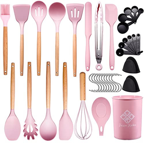 Faizee Möbel Küchenhelfer Set 38tlg Silikon Rosa Kochbesteck Holzgriff Küchenutensilien Küchenzubehör
