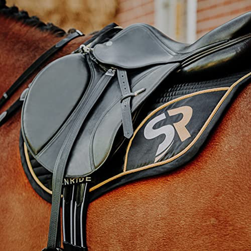 SUNRIDE Springschabracke für Pferde - Mesh-Material als zusätzliche Belüftung gegen Hitzestau, pflegeleicht und formbeständig (Pony, schwarz/Gold)