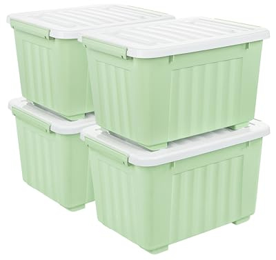 Cetomo 35L*4 Cajas de Almacenamiento con Tapas, Contenedores de Plástico con Ruedas, Clip On, Apilables, Encajables, Organizador Rayado para Oficina en Casa, Verde, 35L-4 Pack