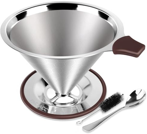 FACIACC Pour Over Coffee Dripper, Professional Stainless Steel Coffee Filter, Paperless and Reusable, Upgraded Double Micro Mesh Filter with Spoon and Silicone Tray, Cleaning Brush (3-4 Cup)