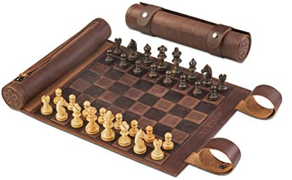 Melia Outlet Magnetisches Schach – Rollbares Luxus-Schachspiel aus Echtleder (B-Ware oder Restposten) | Handgefertigtes Reiseschach mit Holzfiguren - Black & White
