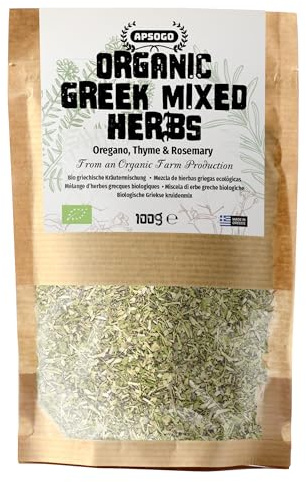 Apsogo Miscela di Erbe Greca Bio - Origano, Timo e Rosmarino, 100g | Miscela di erbe greche con origano, timo e rosmarino - aromatica per carne, pesce e verdure alla griglia.