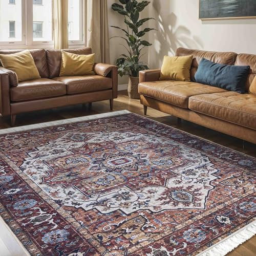 Mazovia Teppich Orientalisch Vintage - Waschbar rutschfest - Weich Traditioneller Teppich für Wohnzimmer Orientteppich - Fußbodenheizung geeignet - Rot Braun 140 x 200 cm