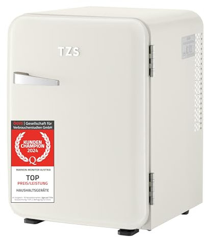 TZS First Austria - Mini Frigorífico Retro 40L silencioso - Pequeño Minifrigo diseño vintage con luz interior y 2 compartimentos de puerta - Minibar para camping, oficina, dormitorio y hotel - Crema