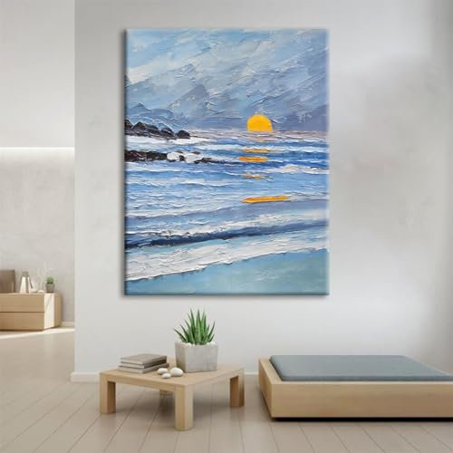 Handgemaltes Ölgemälde – Abstrakte Sonnenaufgangslandschaft Am Meer, Textur, Handgemaltes, Großes Wand-Ölgemälde Auf Leinwand, Leichter Luxus Auf Leinwand, Wanddekoration Für Wohnzimmer, Zuh