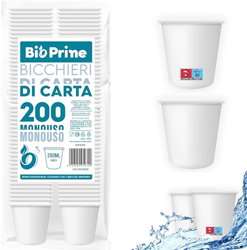 BioPrime - 200 unidades - Vasos de agua de papel 200 ml - Vasos de 200 ml biodegradables - Para bebidas calientes, agua y bebidas - Vasos desechables