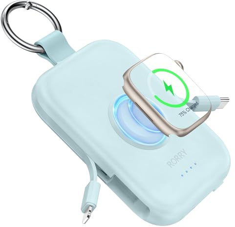 RORRY Batterie Externe de téléphone Portable 5000 mAh avec câbles intégrés, Porte-clés Compatible avec iPhone 16, 15, 14, 13, 12, 11, pour Apple Watch 10/9/Ultra 2/8/Ultra/7/6/SE/5/4/3 Bleu