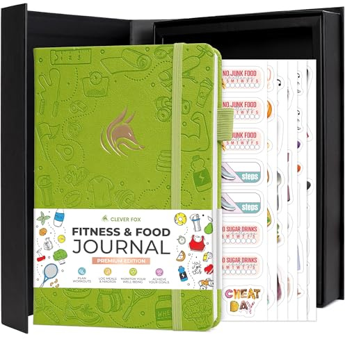 Clever Fox Fitness- & Ernährungstagebuch Premium, geführter Trainings-, Ernährungs- und Gewichtsverlust-Tracker für Frauen & Männer, Workout- und Diätplaner, Apfelgrün