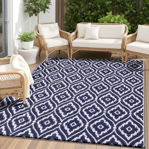 OLANLY Outdoor-Teppich, 1,5 x 2,4 m, wasserdicht, für den Außenbereich, Kunststoff, Strohteppich mit geometrischem Muster, wendbar, Wohnmobil-Matte für Terrasse, Camping, Balkon, Deck, Hinterhof,