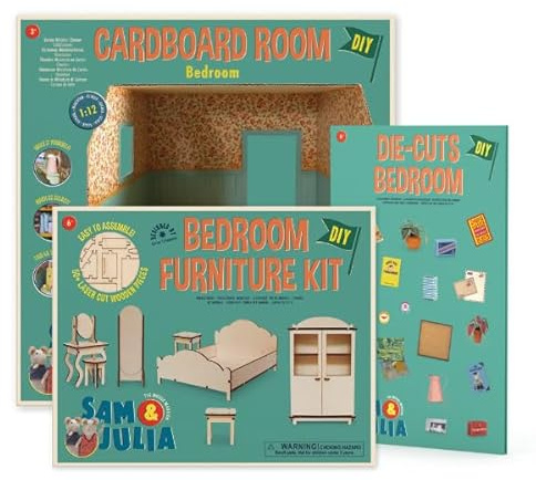Sam & Julia - Basis Bastelset Schlafzimmer - Miniatur Zimmer, Puppen-Möbel und Stanzbögen 1/12 fürs Puppenhaus zum selber basteln – Bastelset enthält: Mini-Kartonzimmer, Möbelbausatz, Stanzbögen-Set