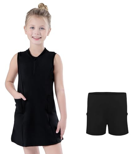 Bezioner Tenniskleid Mädchen mit Hose Golfkleid Reißverschluss Tennis Outfit mit 4 Taschen Sportkleid Ärmellos Skaterkleid