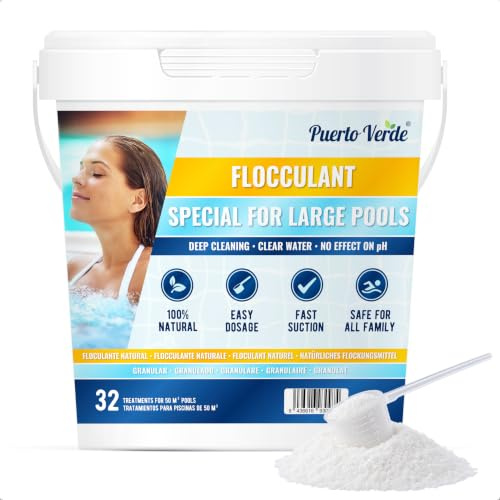 Floculante Natural 32 Tratamientos. Clarificante para Piscinas Grandes. | Apto para Spas e Hidromasajes. Eliminador de Turbidez para Agua Cristalina. Formato Gránulo de Uso Seguro. Producto Español.