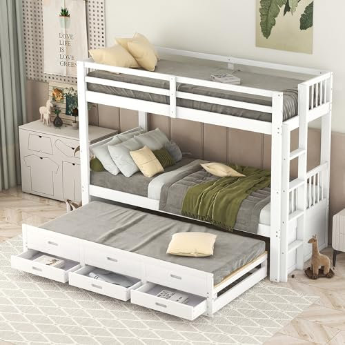 Generisch Etagenbett Hausbett Umwandelbar in Einzelbett + Ausziehbett für - Platzsparendes Design mit ausziehbarem Bett und Stauraumfür DREI Personen 90x200cm weiß (ohne Matratze) (grau)