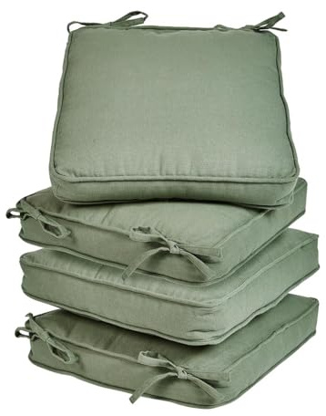 Dibor Garden Chair Cushions Set of 4 100% Cotton Tie On Outdoor Seat Pads with Recycled Polyester Fibre Filling Square Outdoor Seat Cushions with Rope Piping Edge (Sage Green)